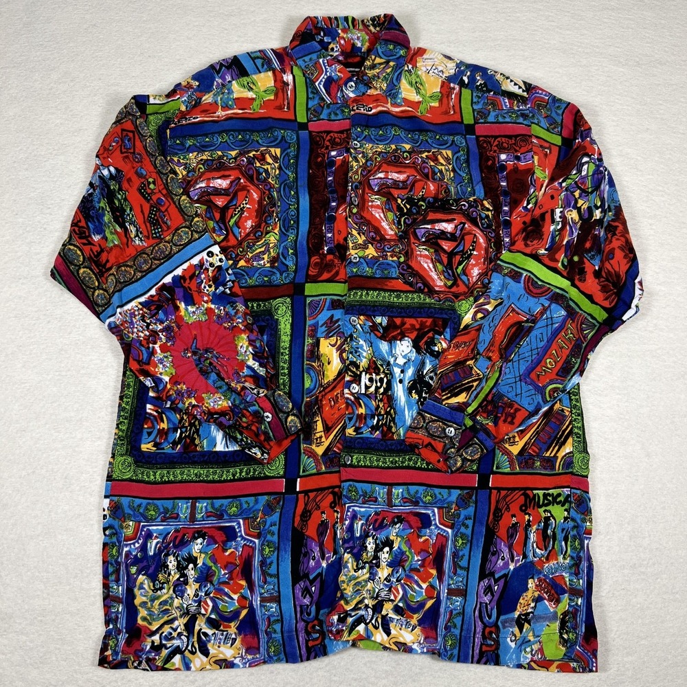 Vintage Paragraff Button Up Mens‎ M Rayon Colorful Abstract Mozart Bach - Picture 2 of 11